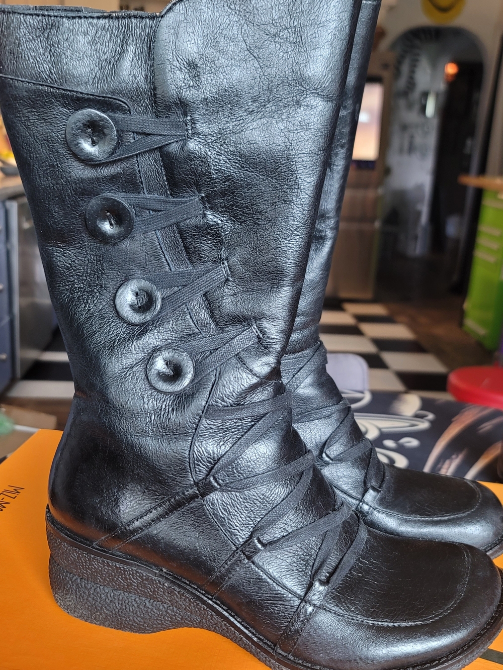 Miz Mooz Black Leather Mid-Calf Button-Accent Wedge Boots, Size 9